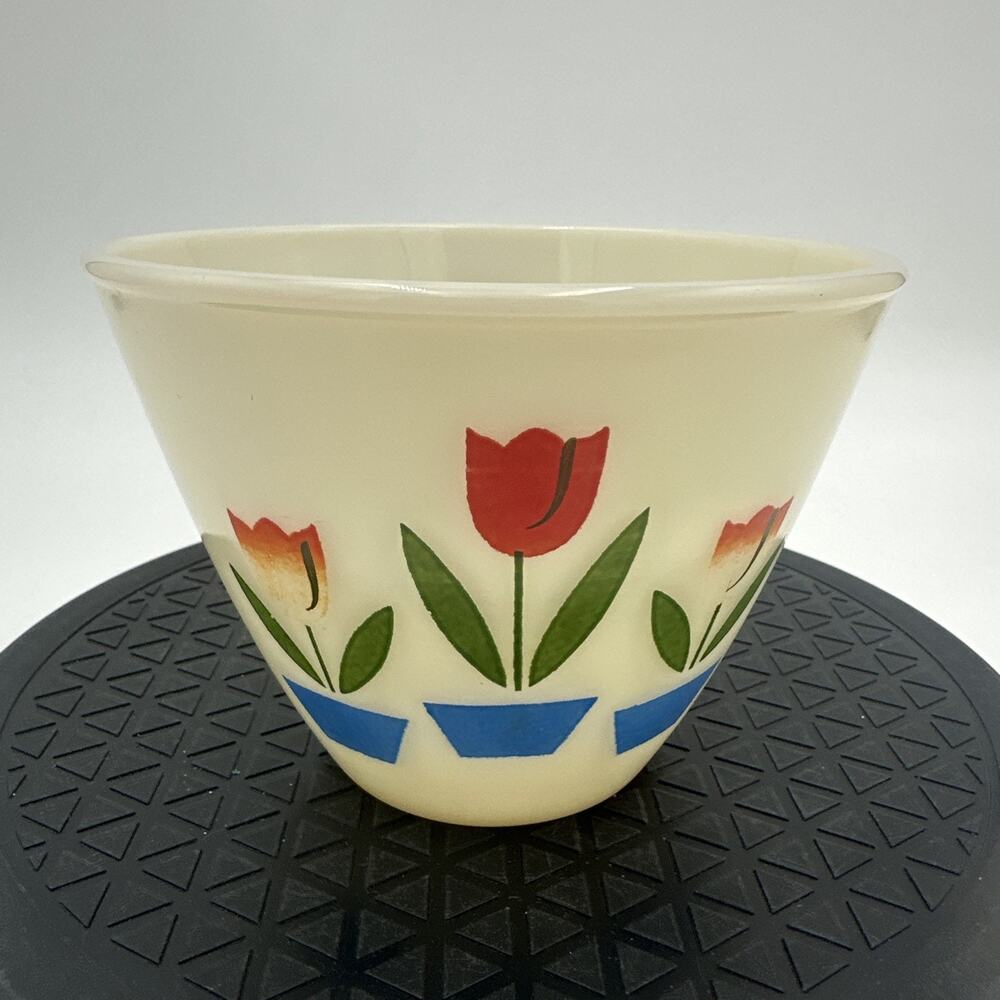 VTG Fire King Oven Ware Tulips on Ivory 4" T x 5.5” Bowl